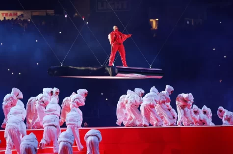 Rihanna and her background dancers perform at halftime of Super Bowl LVII in Glendale, Arizona.