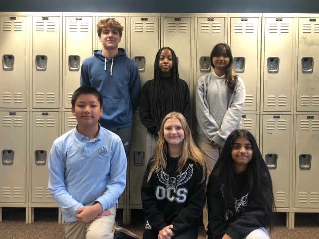 Members of Odyssey Charter Middle Schools 2023-2024 student council: (back row, left to right) Lucas Pietlock, Liana Kuria, Aariya Ghosh, (front row, left to right) Aaron Luu, Abby Walden, Sahasra Vennamanemith. Not pictured: Josie Baird, Pranettha Boopathi.  